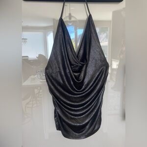 Metallic slinky cowl neck halter top